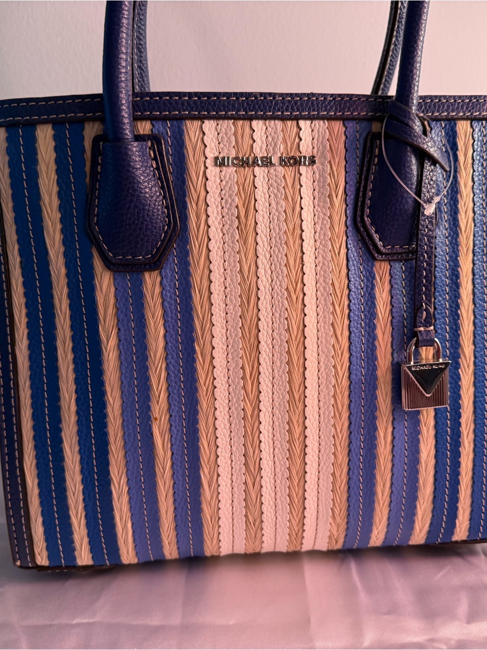 Michael Kors Navy and Cream Striped Woven Tote. Leather and straw. Brand new.